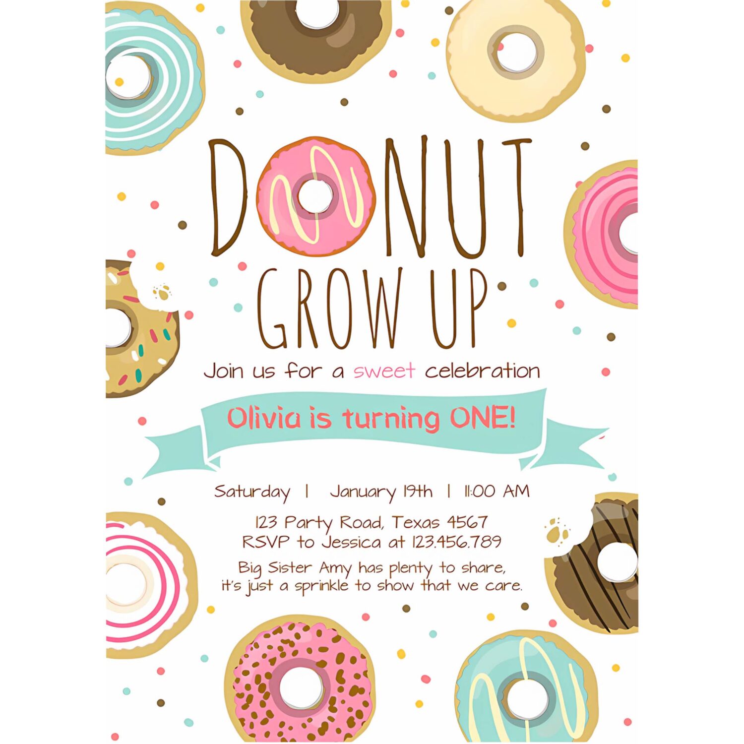 Editable donut grow up birthday invitation first birthday party pink girl doughnut sweet digital download printable template corjl 0050 4