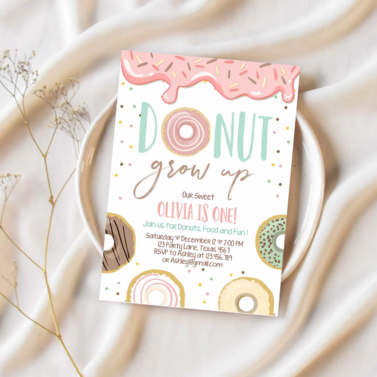 Editable donut grow up birthday invitation first birthday party pink girl doughnut sweet digital download printable template corjl 0320 1