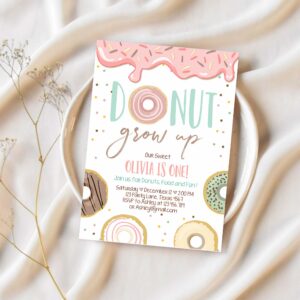 Editable donut grow up birthday invitation first birthday party pink girl doughnut sweet digital download printable template corjl 0320 1
