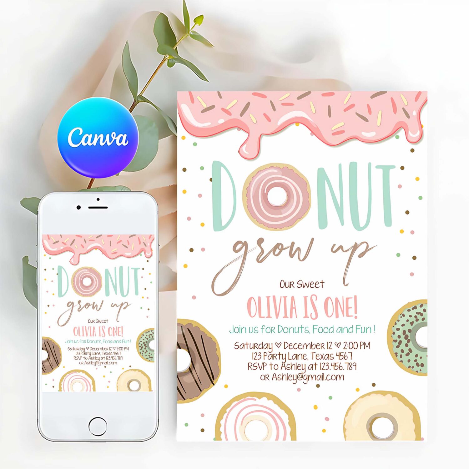 Editable donut grow up birthday invitation first birthday party pink girl doughnut sweet digital download printable template corjl 0320