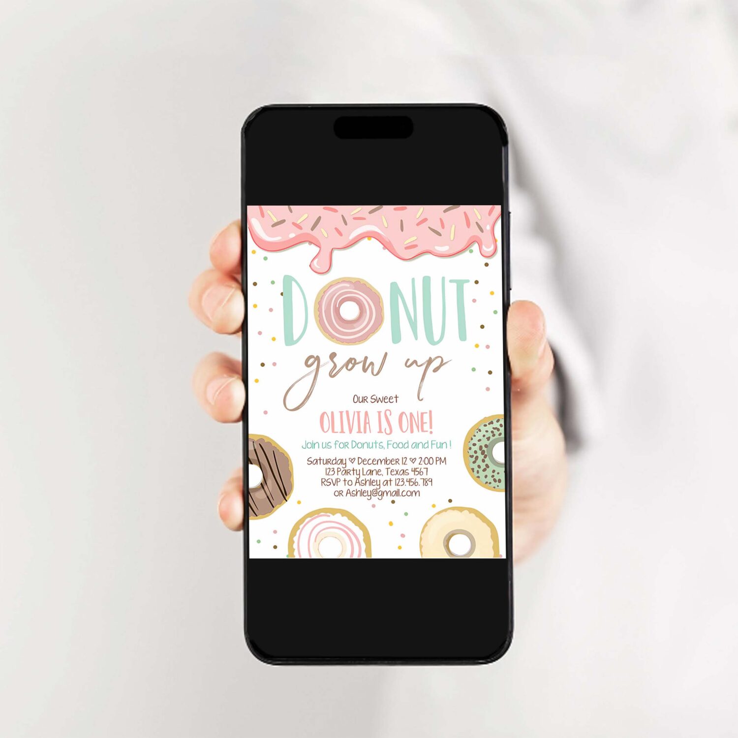 Editable donut grow up birthday invitation first birthday party pink girl doughnut sweet digital download printable template corjl 0320 2