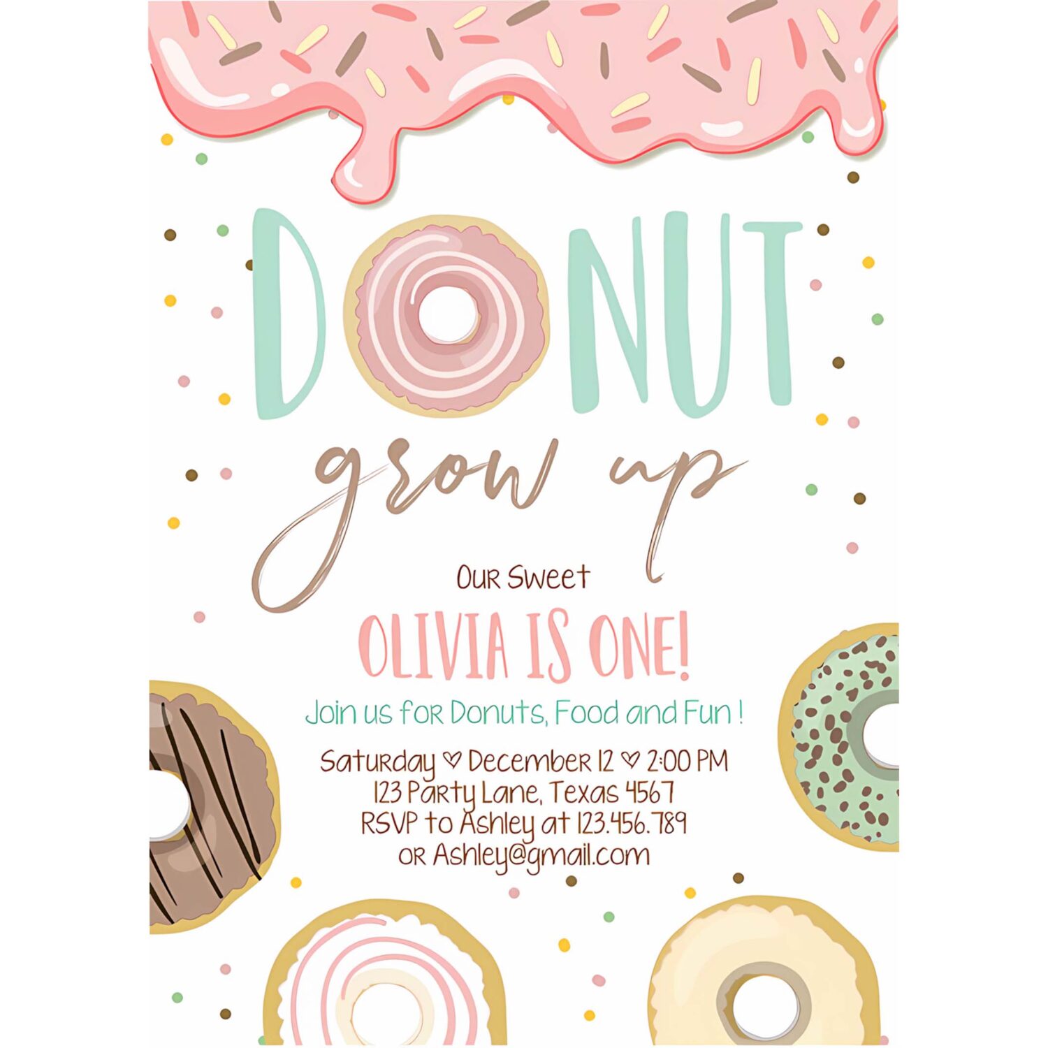 Editable donut grow up birthday invitation first birthday party pink girl doughnut sweet digital download printable template corjl 0320 4