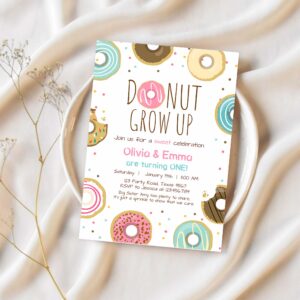 Editable donut grow up birthday invitation twin first birthday party pink girl twins doughnut sweet download printable template corjl 0050 1