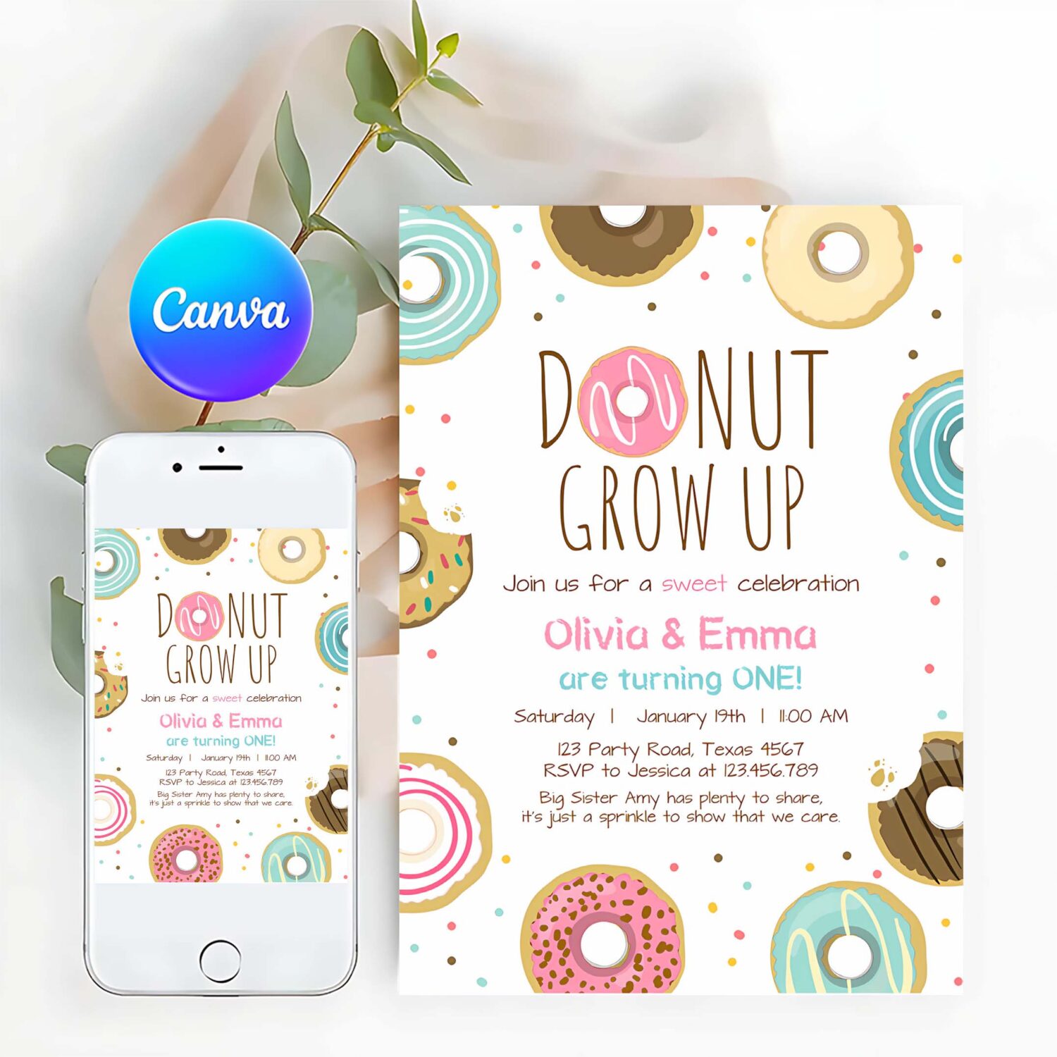Editable donut grow up birthday invitation twin first birthday party pink girl twins doughnut sweet download printable template corjl 0050