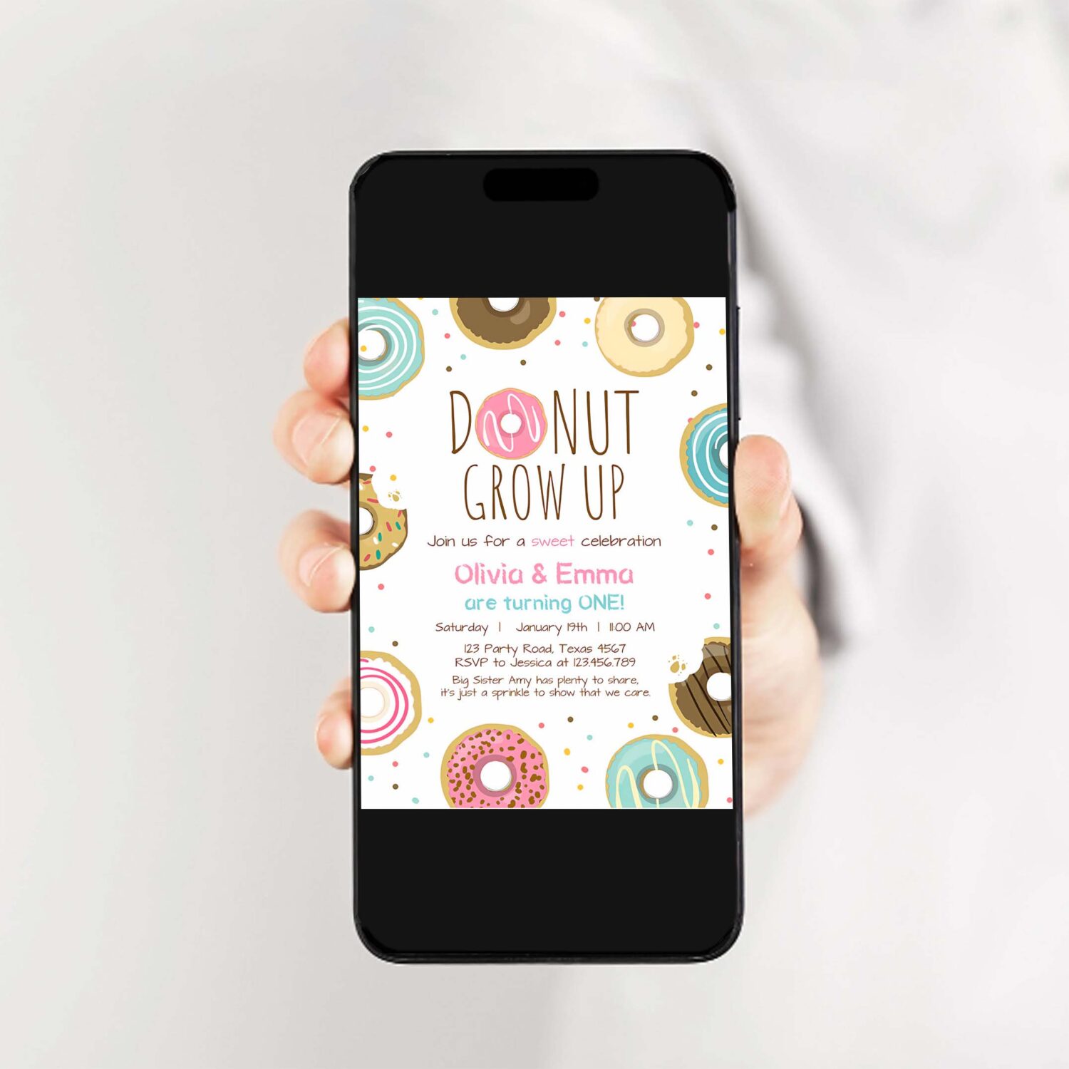 Editable donut grow up birthday invitation twin first birthday party pink girl twins doughnut sweet download printable template corjl 0050 2