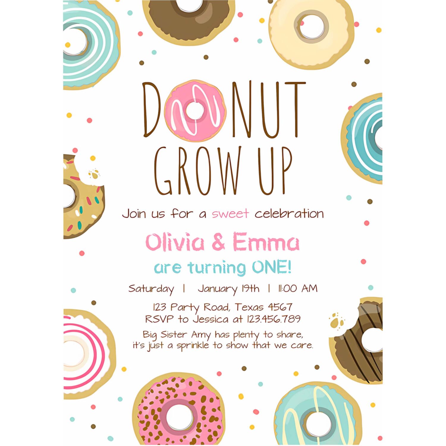 Editable donut grow up birthday invitation twin first birthday party pink girl twins doughnut sweet download printable template corjl 0050 4