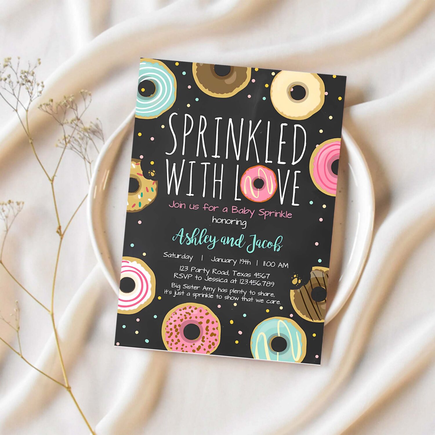 Editable donut sprinkle invitation sprinkled with love coed shower gender neutral pink girl digital download printable corjl template 0050 1