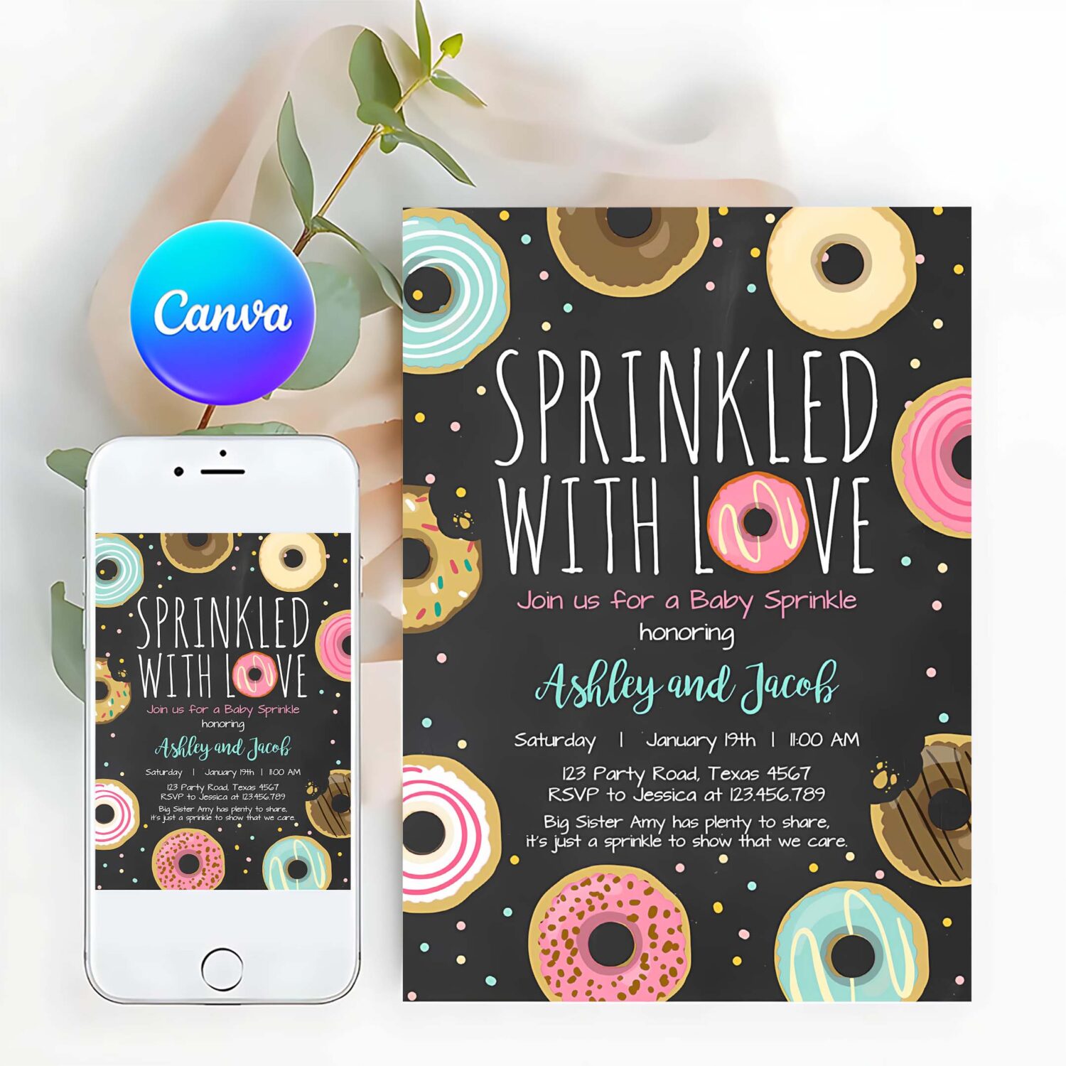 Editable donut sprinkle invitation sprinkled with love coed shower gender neutral pink girl digital download printable corjl template 0050