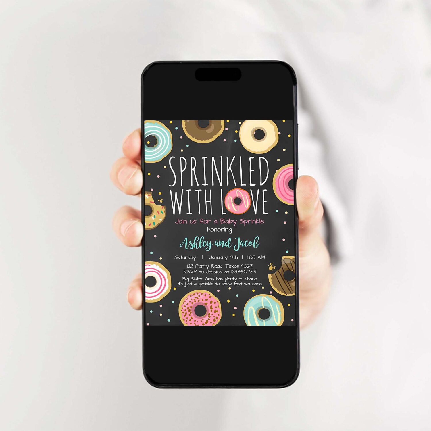 Editable donut sprinkle invitation sprinkled with love coed shower gender neutral pink girl digital download printable corjl template 0050 2