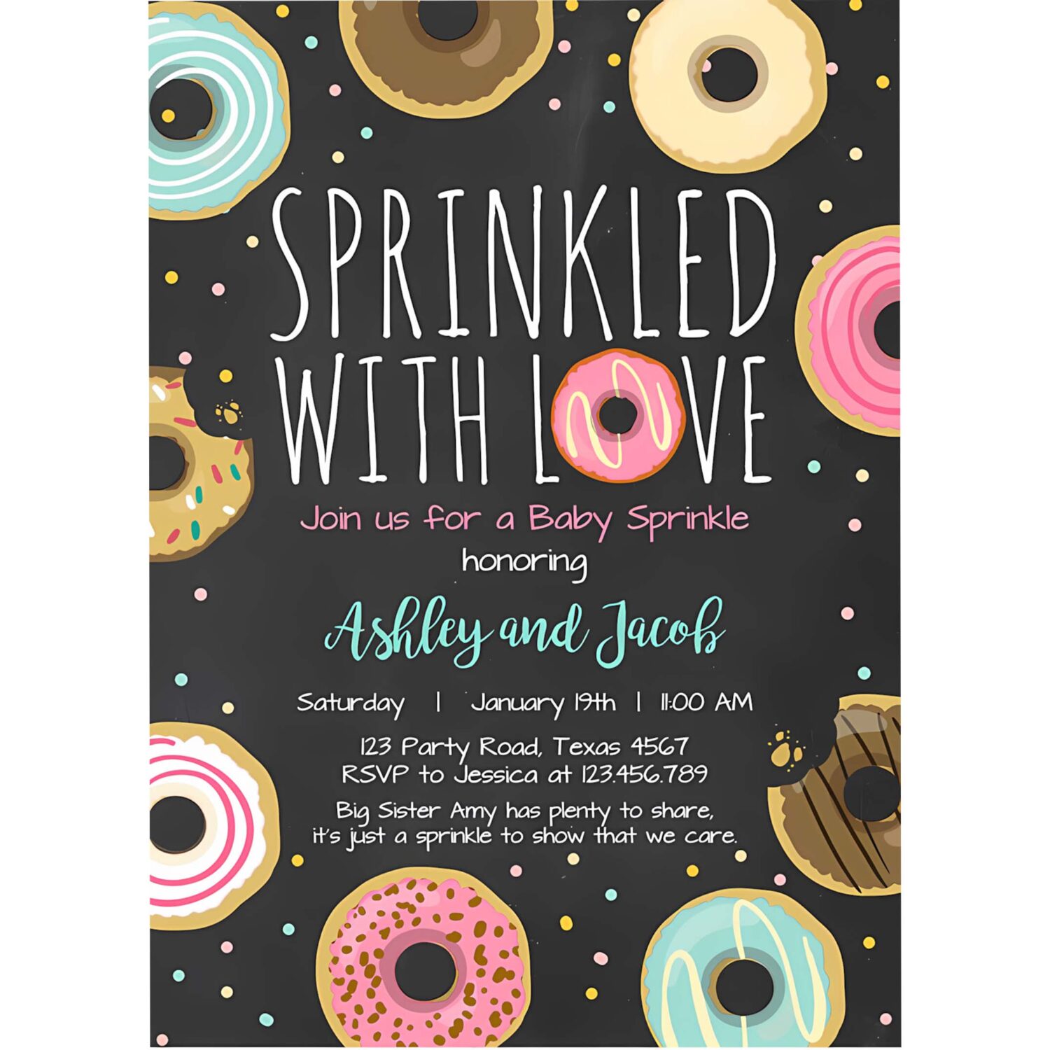 Editable donut sprinkle invitation sprinkled with love coed shower gender neutral pink girl digital download printable corjl template 0050 4