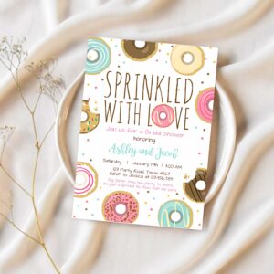 Editable donut sprinkle invitations sprinkled with love coed shower gender neutral pink girl digital download printable corjl template 0050 1