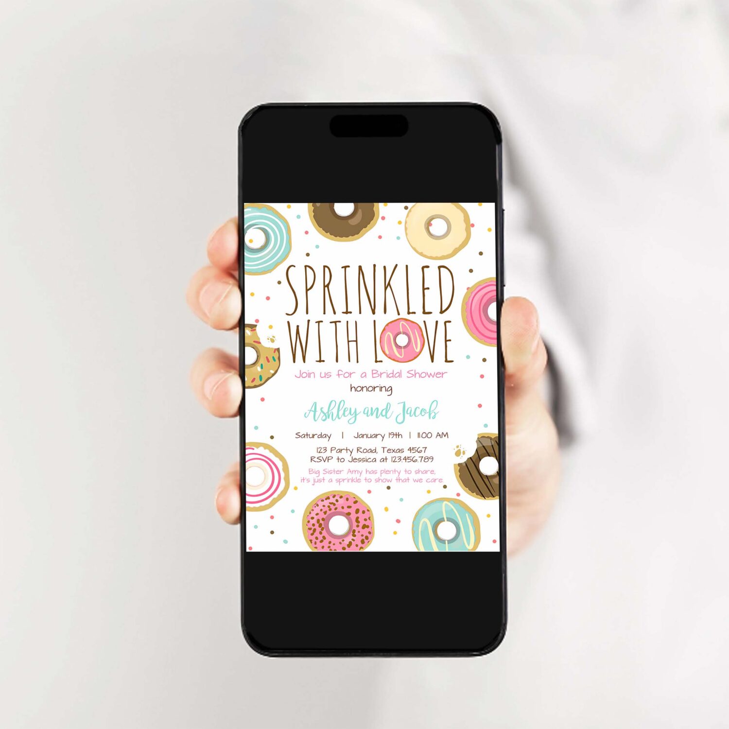 Editable donut sprinkle invitations sprinkled with love coed shower gender neutral pink girl digital download printable corjl template 0050 2