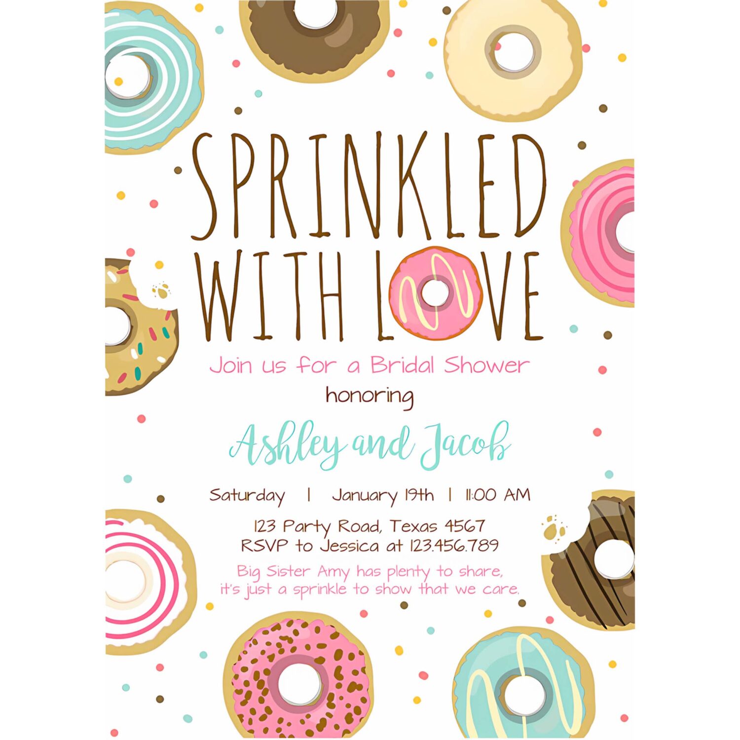 Editable donut sprinkle invitations sprinkled with love coed shower gender neutral pink girl digital download printable corjl template 0050 4