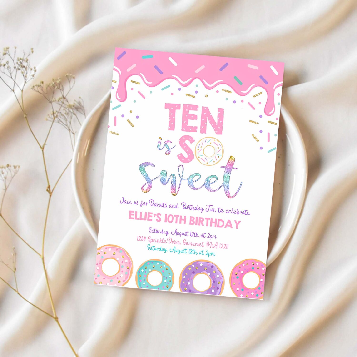 Editable donut ten is sweet birthday invitation girl donut 10th birthday party pink donut birthday party 1