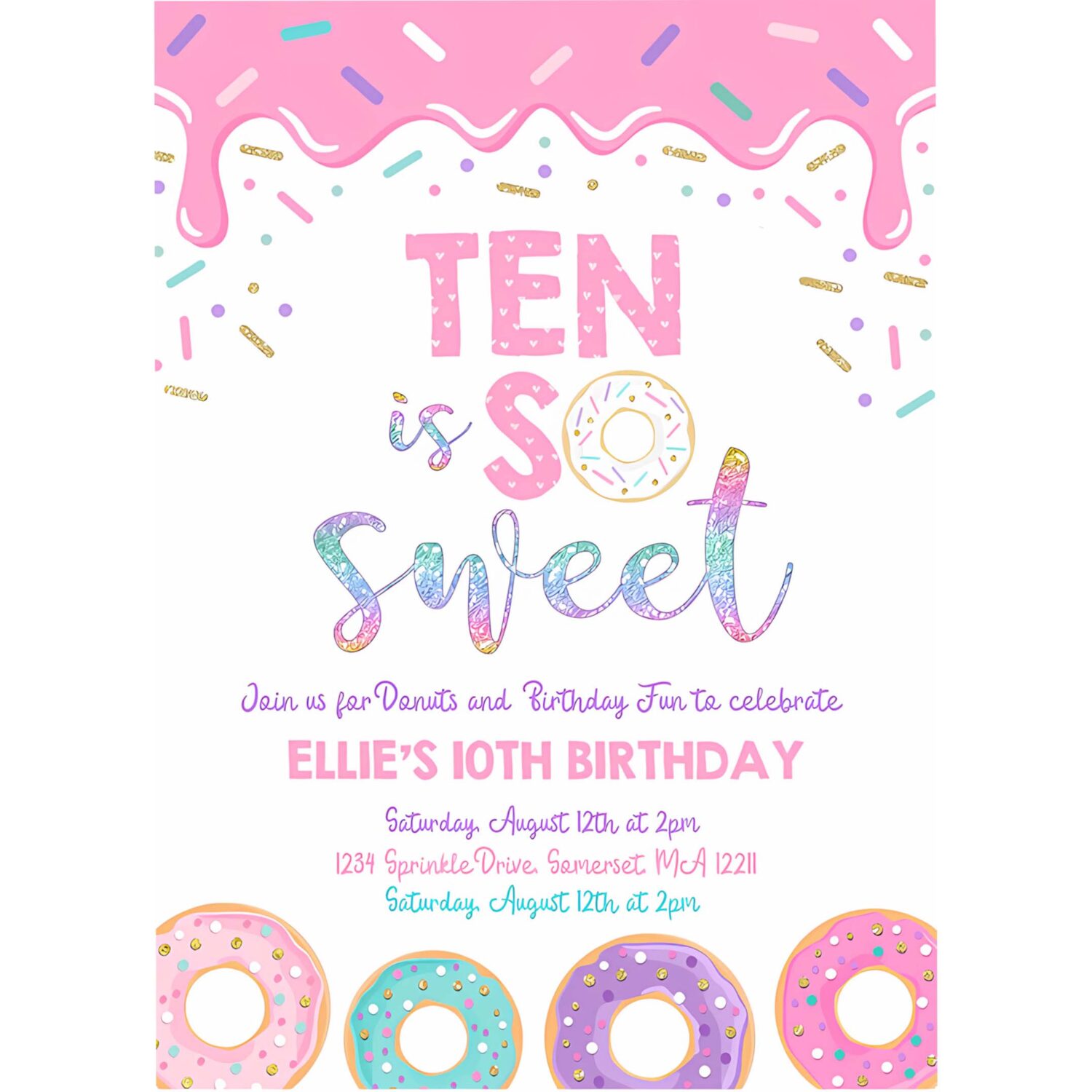 Editable donut ten is sweet birthday invitation girl donut 10th birthday party pink donut birthday party 4
