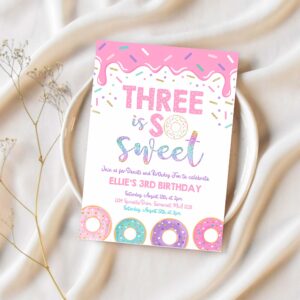 Editable donut three is sweet birthday invitation girl donut 3rd birthday party pink donut birthday party 1