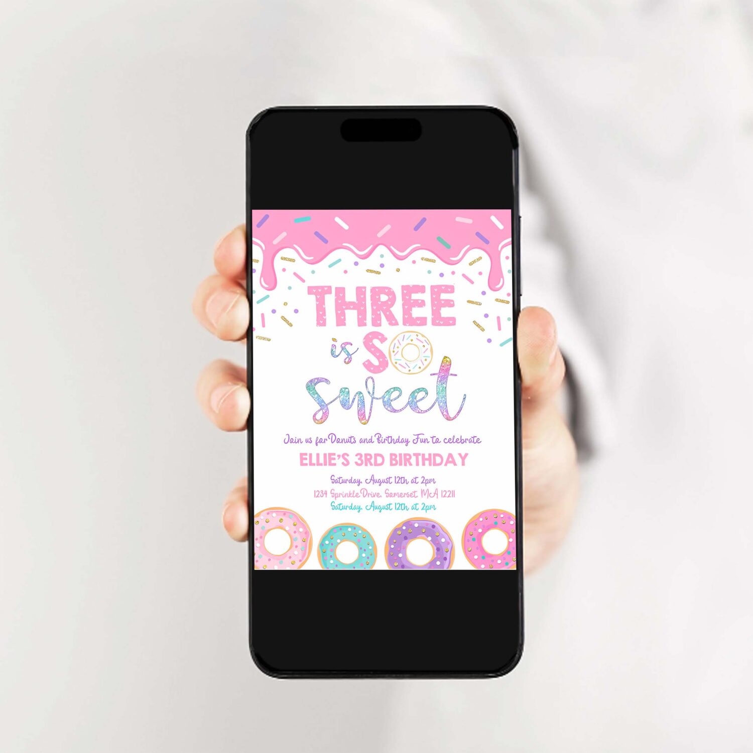 Editable donut three is sweet birthday invitation girl donut 3rd birthday party pink donut birthday party 2