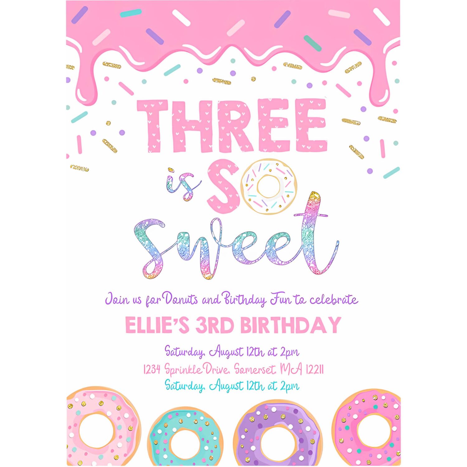 Editable donut three is sweet birthday invitation girl donut 3rd birthday party pink donut birthday party 4