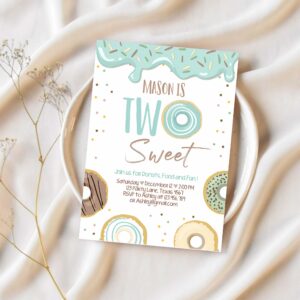 Editable donut two sweet birthday invitation second birthday party blue boy doughnut 2nd pastel download printable template corjl 0320 1