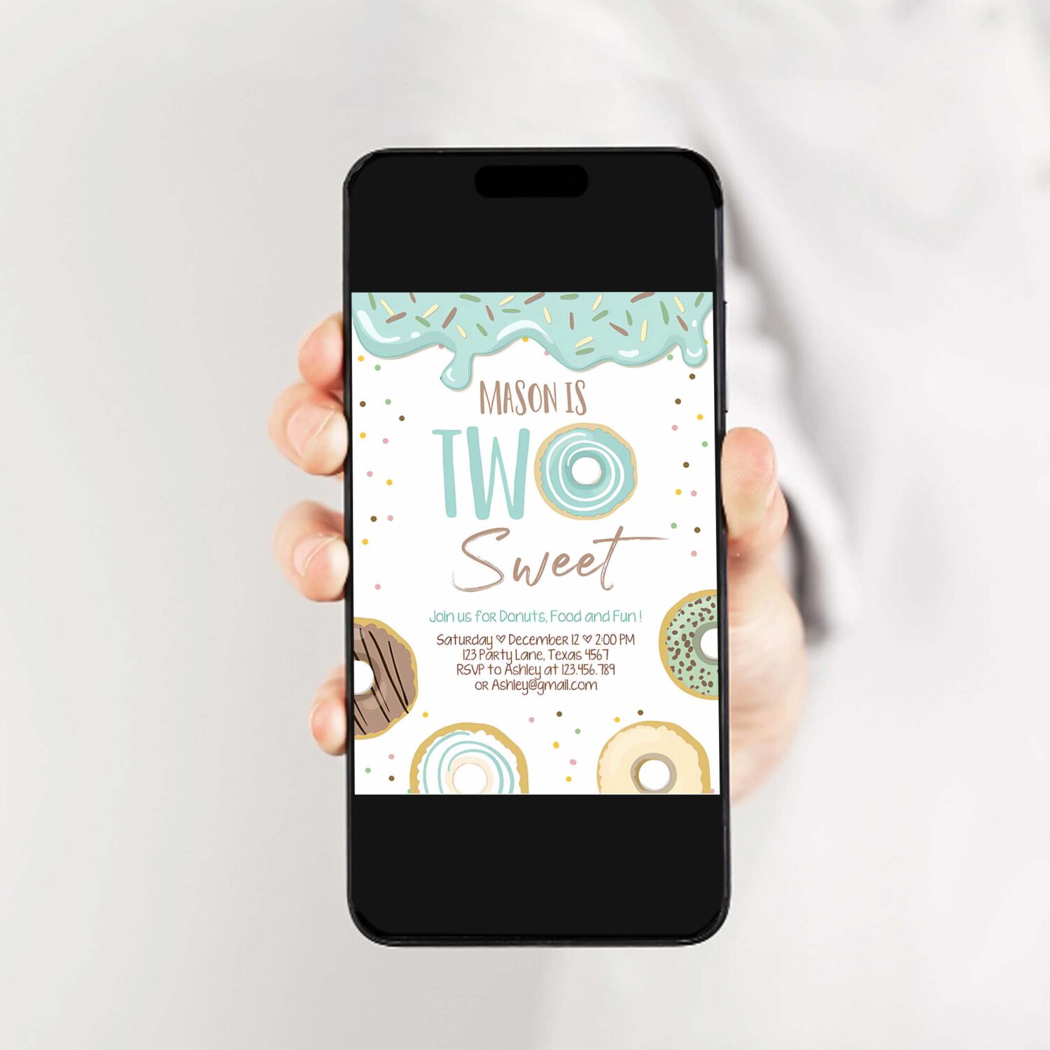 Editable donut two sweet birthday invitation second birthday party blue boy doughnut 2nd pastel download printable template corjl 0320 2