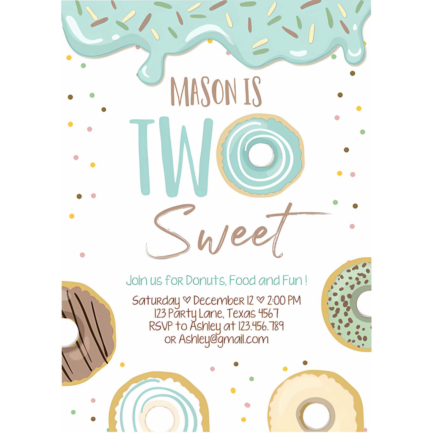 Editable donut two sweet birthday invitation second birthday party blue boy doughnut 2nd pastel download printable template corjl 0320 4