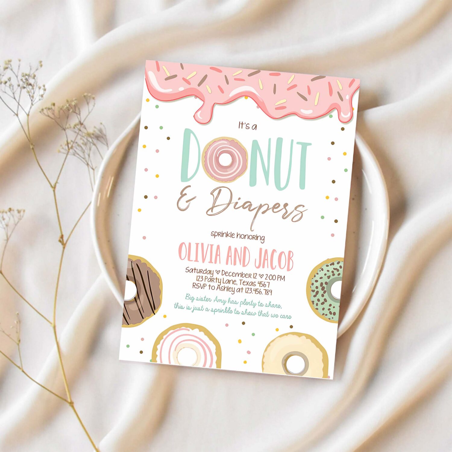 Editable donut and diapers baby shower invitation sprinkle sprinkled with love coed girl p 1