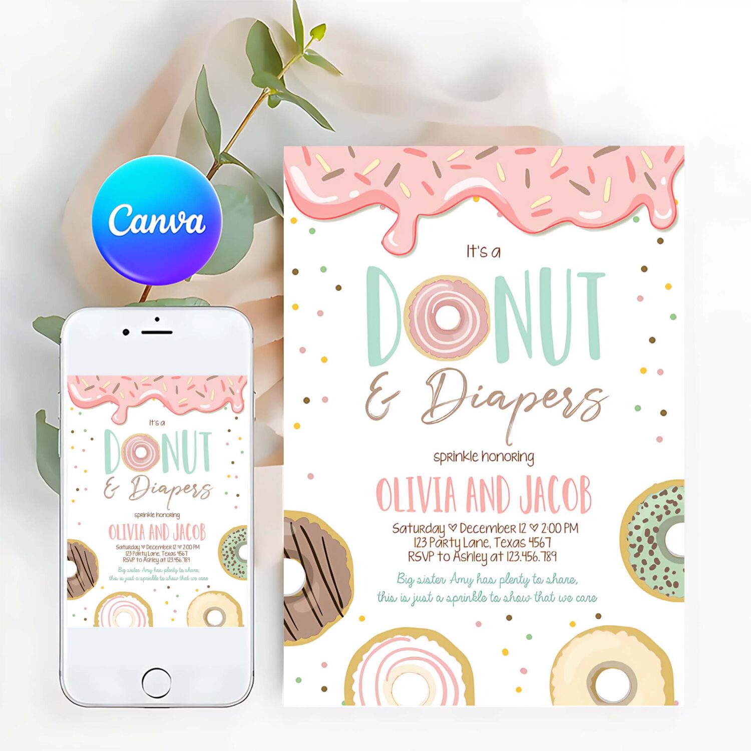 Editable donut and diapers baby shower invitation sprinkle sprinkled with love coed girl p