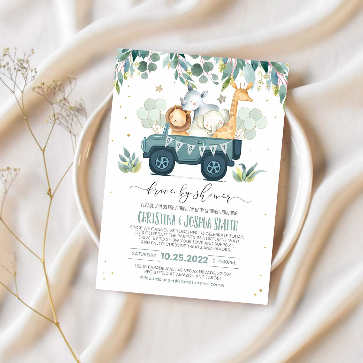 Editable drive by baby shower invitation safari animal drive through baby shower invite social distancing drive thru shower 1