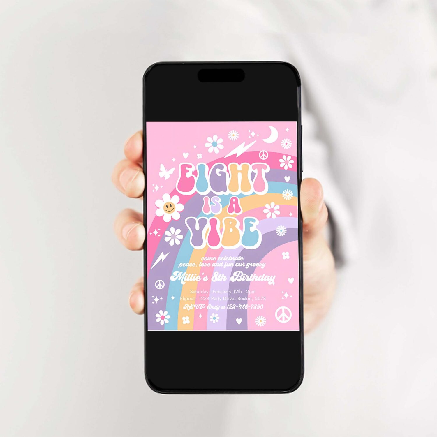 Editable eight is a vibe groovy 8th birthday party invitation pink purple blue groovy rainbow hippie 70s 8th birthda 2