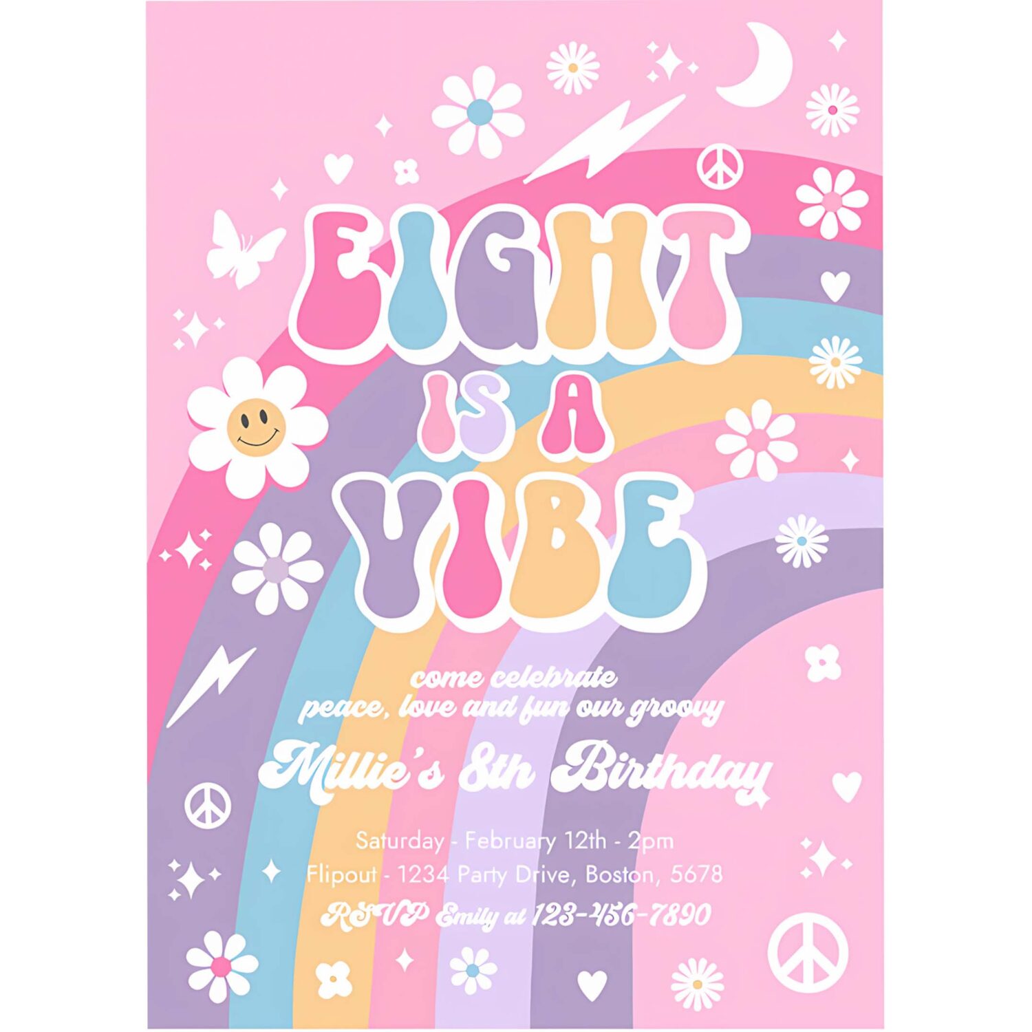 Editable eight is a vibe groovy 8th birthday party invitation pink purple blue groovy rainbow hippie 70s 8th birthda 4