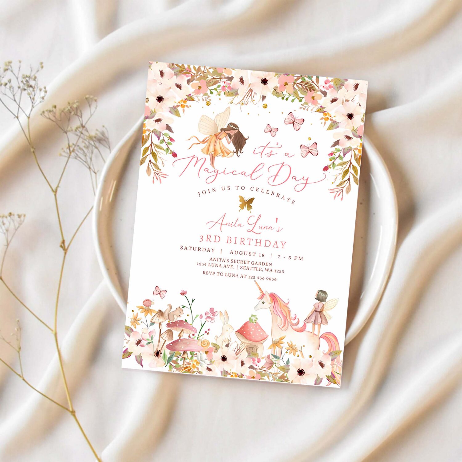 Editable enchanted magical unicorn fairy birthday invitation garden forest animals floral fairy birthday invite 1