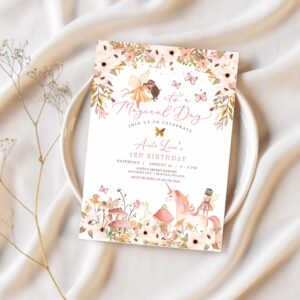 Editable enchanted magical unicorn fairy birthday invitation garden forest animals floral fairy birthday invite 1