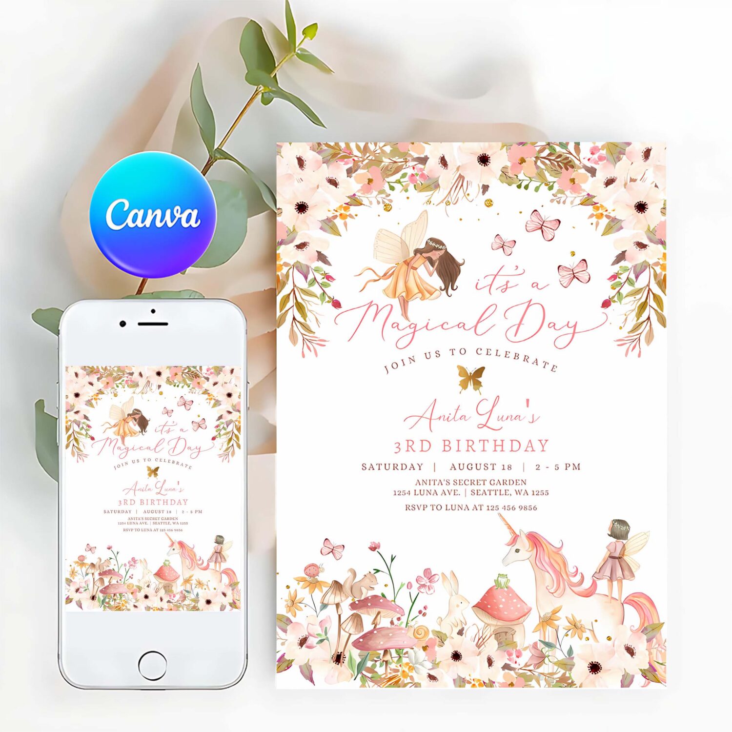 Editable enchanted magical unicorn fairy birthday invitation garden forest animals floral fairy birthday invite