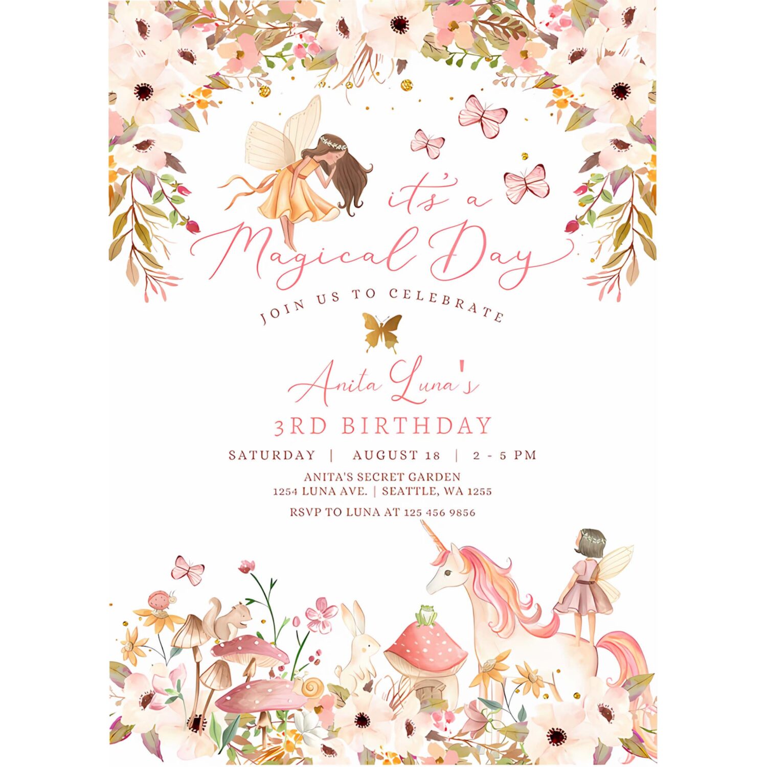 Editable enchanted magical unicorn fairy birthday invitation garden forest animals floral fairy birthday invite 4