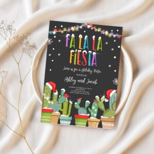 Editable fa la la christmas fiesta invitation cactus mexican holiday fiesta fa la la fiesta party download printable corjl template 0273 1