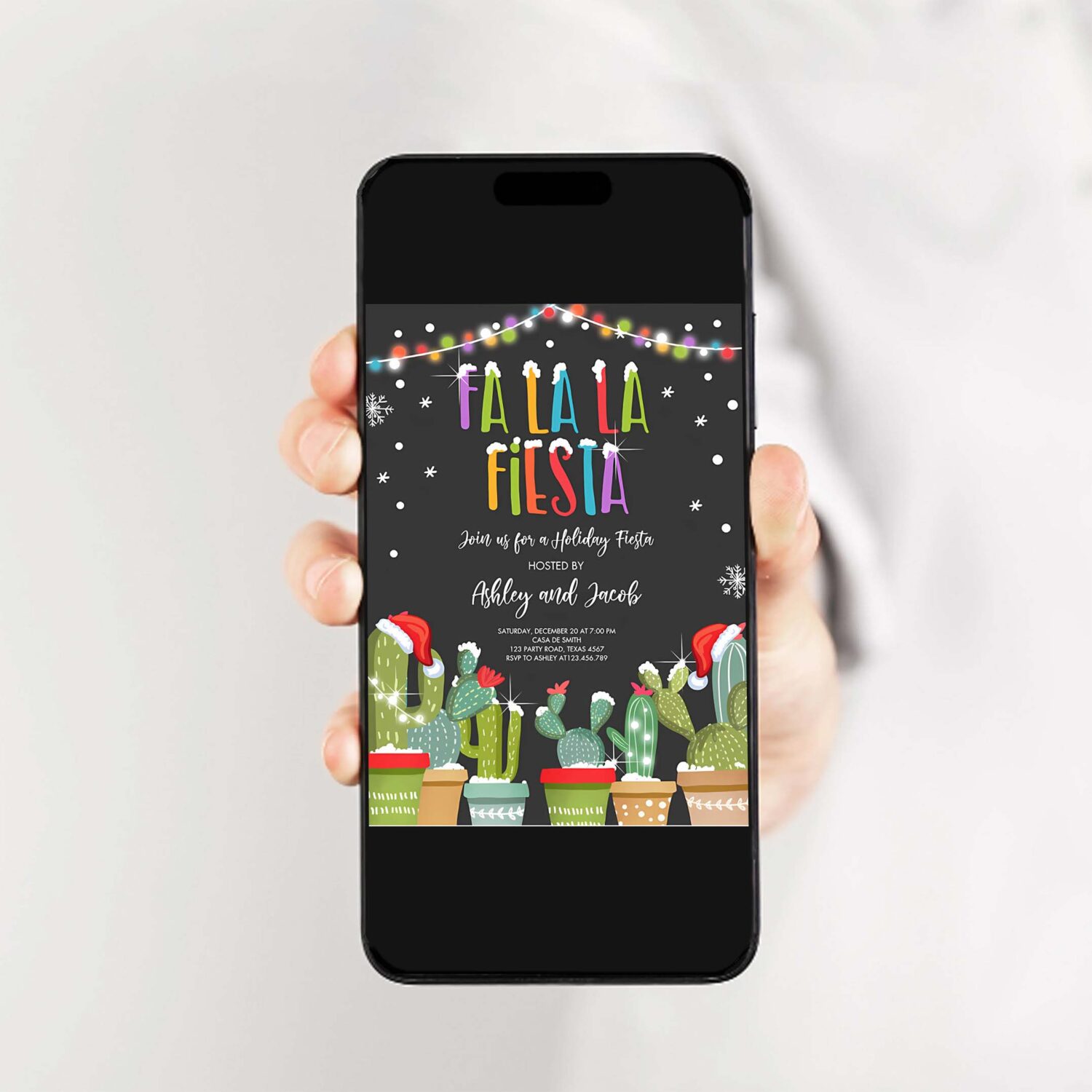 Editable fa la la christmas fiesta invitation cactus mexican holiday fiesta fa la la fiesta party download printable corjl template 0273 2