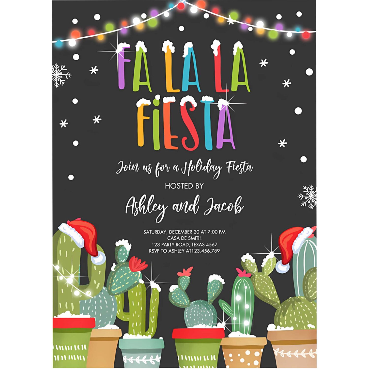 Editable fa la la christmas fiesta invitation cactus mexican holiday fiesta fa la la fiesta party download printable corjl template 0273 4