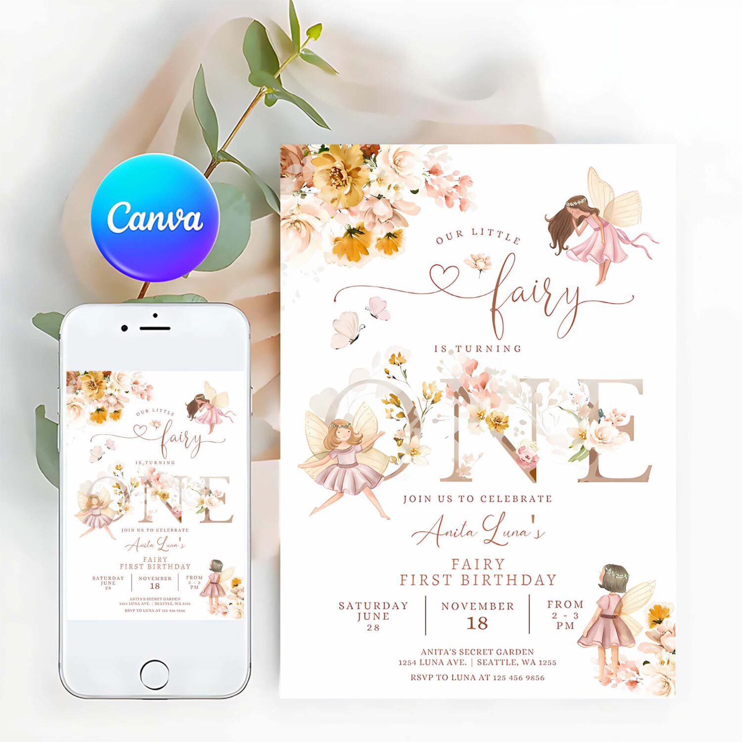 Editable fairy birthday invitation butterfly magical wildflower garden fairy floral fairy birthday invite
