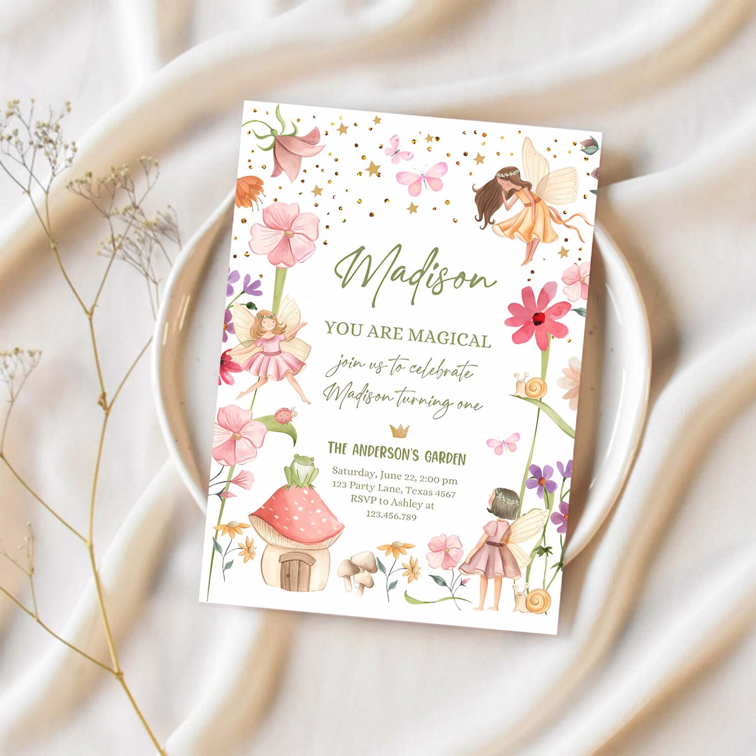 Editable fairy birthday invitation fairy garden birthday fairy forest girls 1st birthday magical download printable template corjl 0406 1