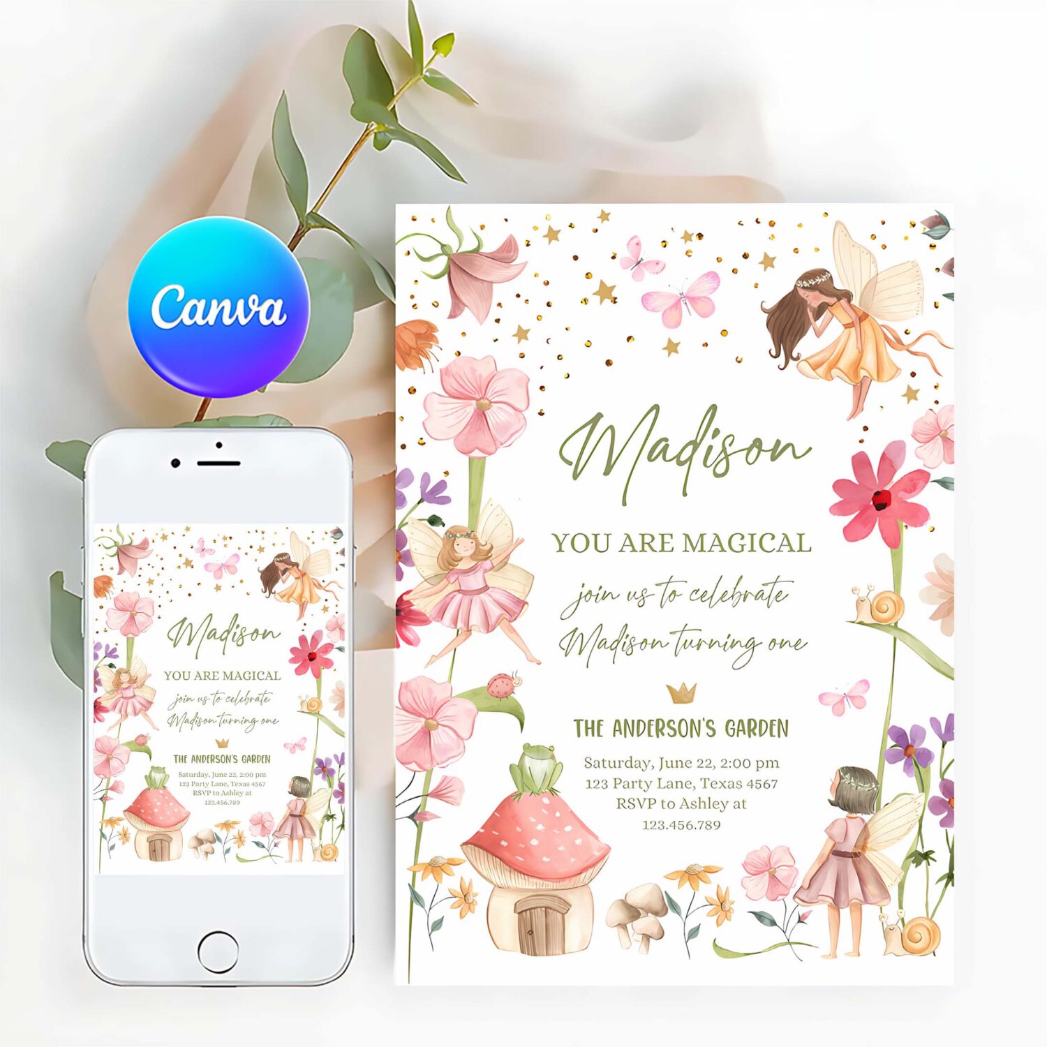 Editable fairy birthday invitation fairy garden birthday fairy forest girls 1st birthday magical download printable template corjl 0406