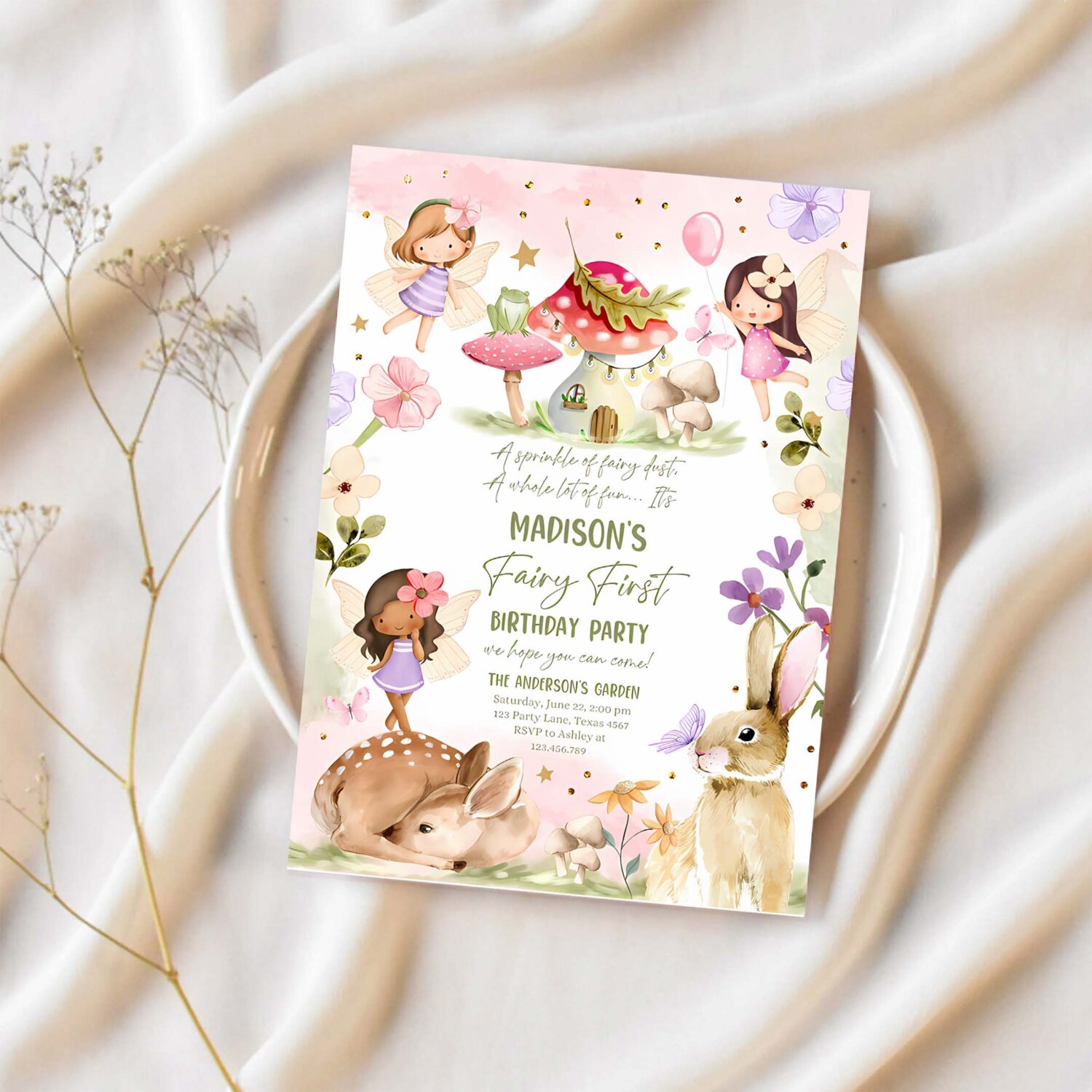 Editable fairy birthday invitation whimsical enchanted pixie fairy party floral fairy invitation girl download printable template corjl 0438 1