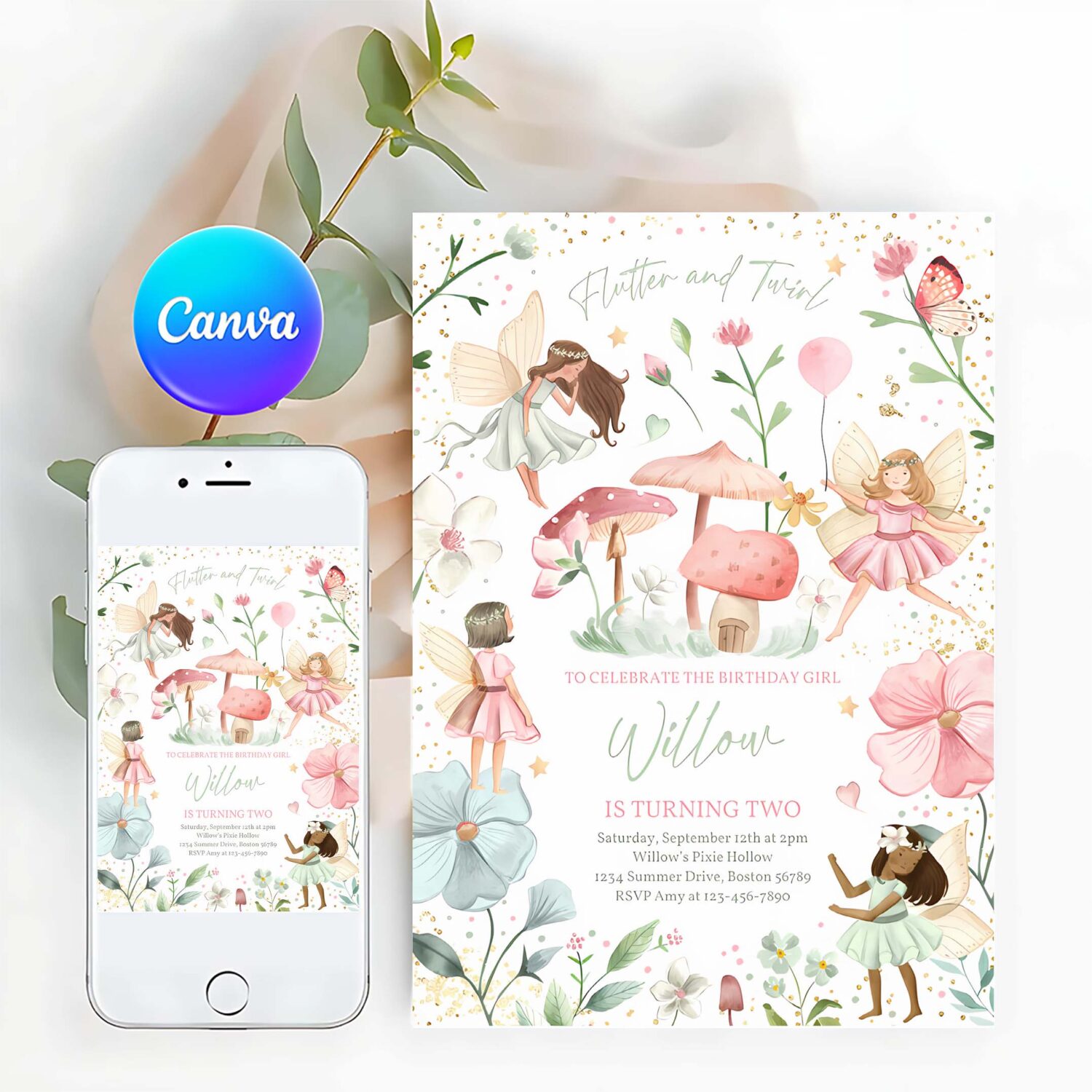 Editable fairy birthday invitation whimsical enchanted pixie fairy party magical floral fairy princess party instant download editable ft