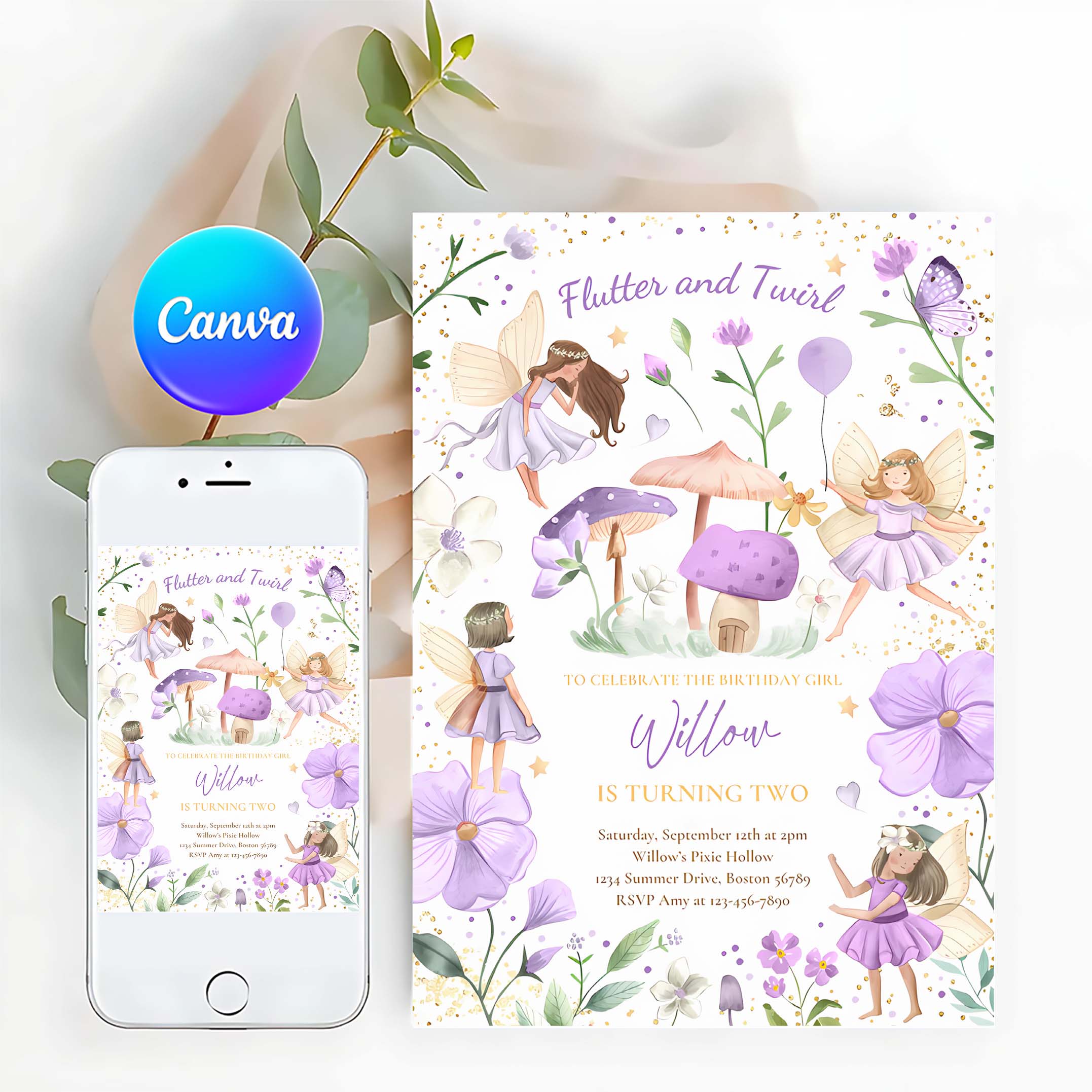 Editable Fairy Birthday Invitation Whimsical Enchanted Pixie Fairy Party Magical Floral Fairy Princess Party
