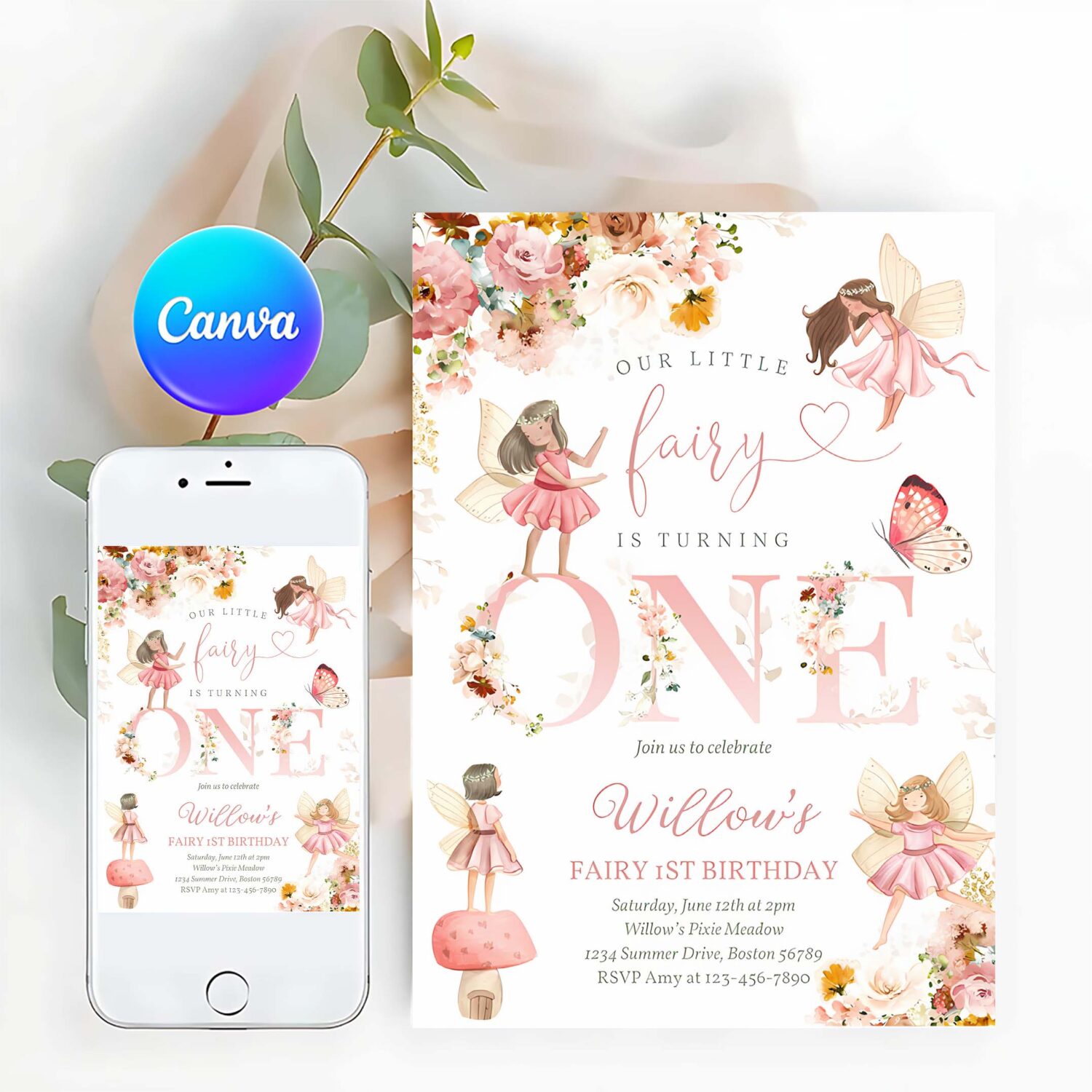 Editable fairy birthday invitation whimsical wildflower fairy 1st birthday magical floral fairy garden birthday instant download editable wf
