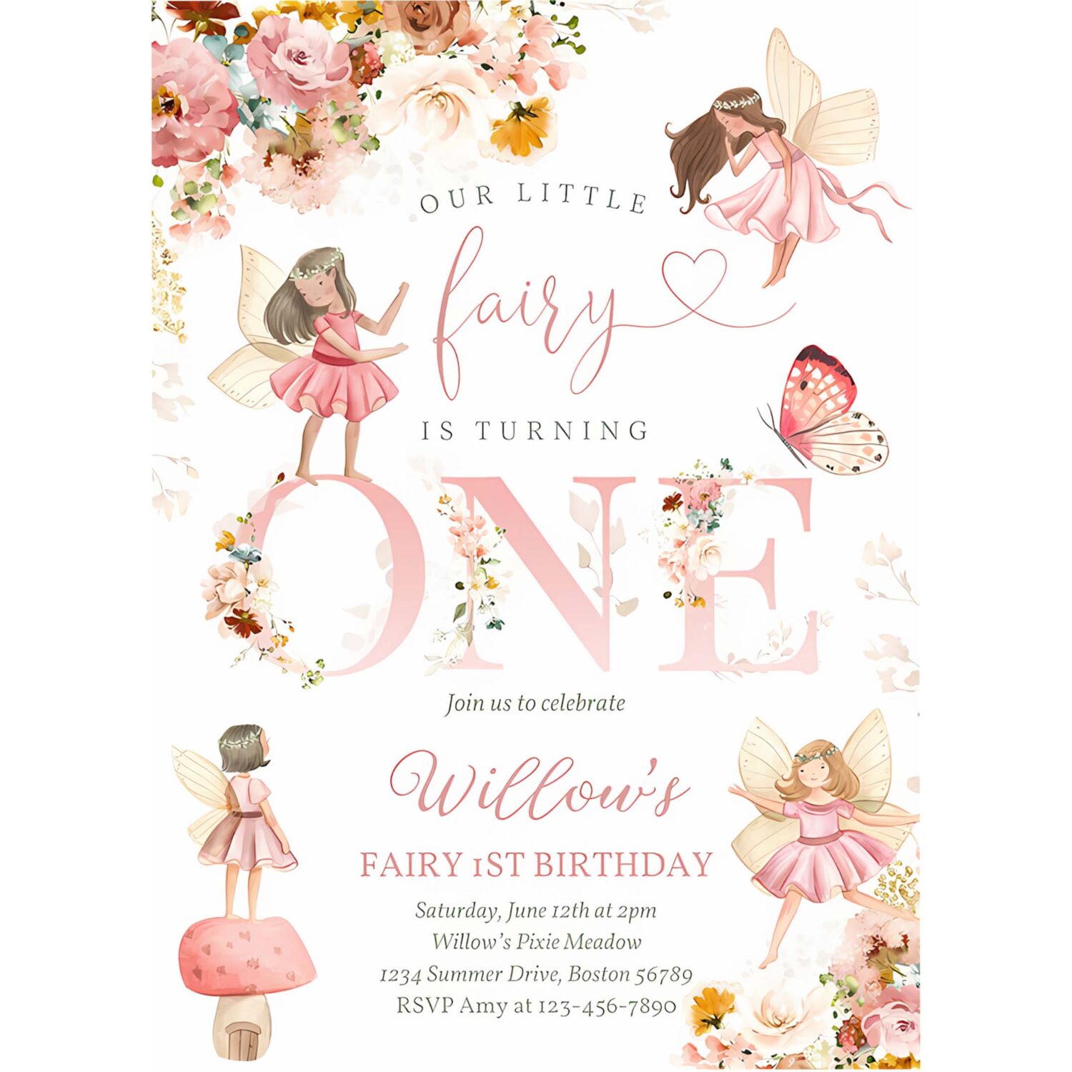 Editable fairy birthday invitation whimsical wildflower fairy 1st birthday magical floral fairy garden birthday instant download editable wf 4