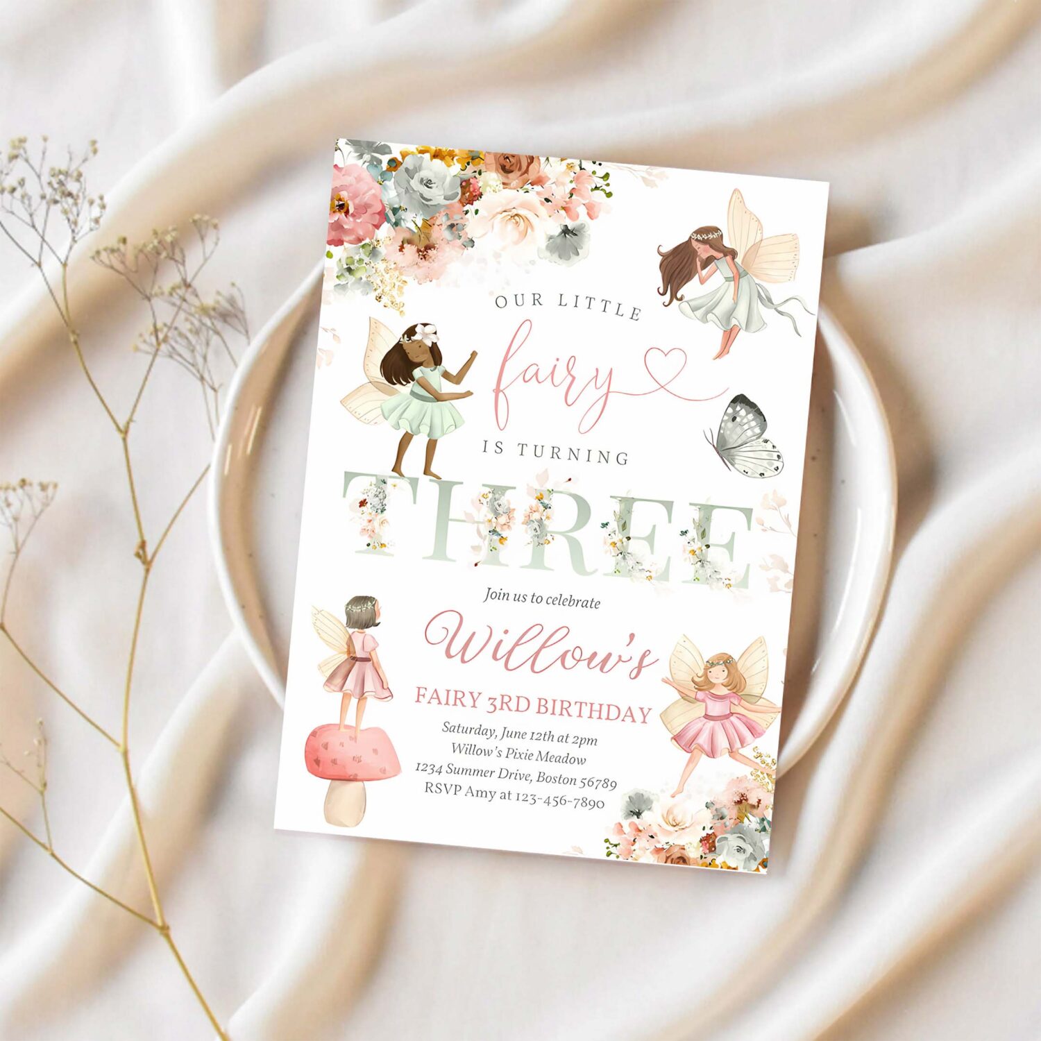 Editable fairy birthday invitation whimsical wildflower fairy 3rd birthday magical floral fairy garden birthday instant download editable wf 1