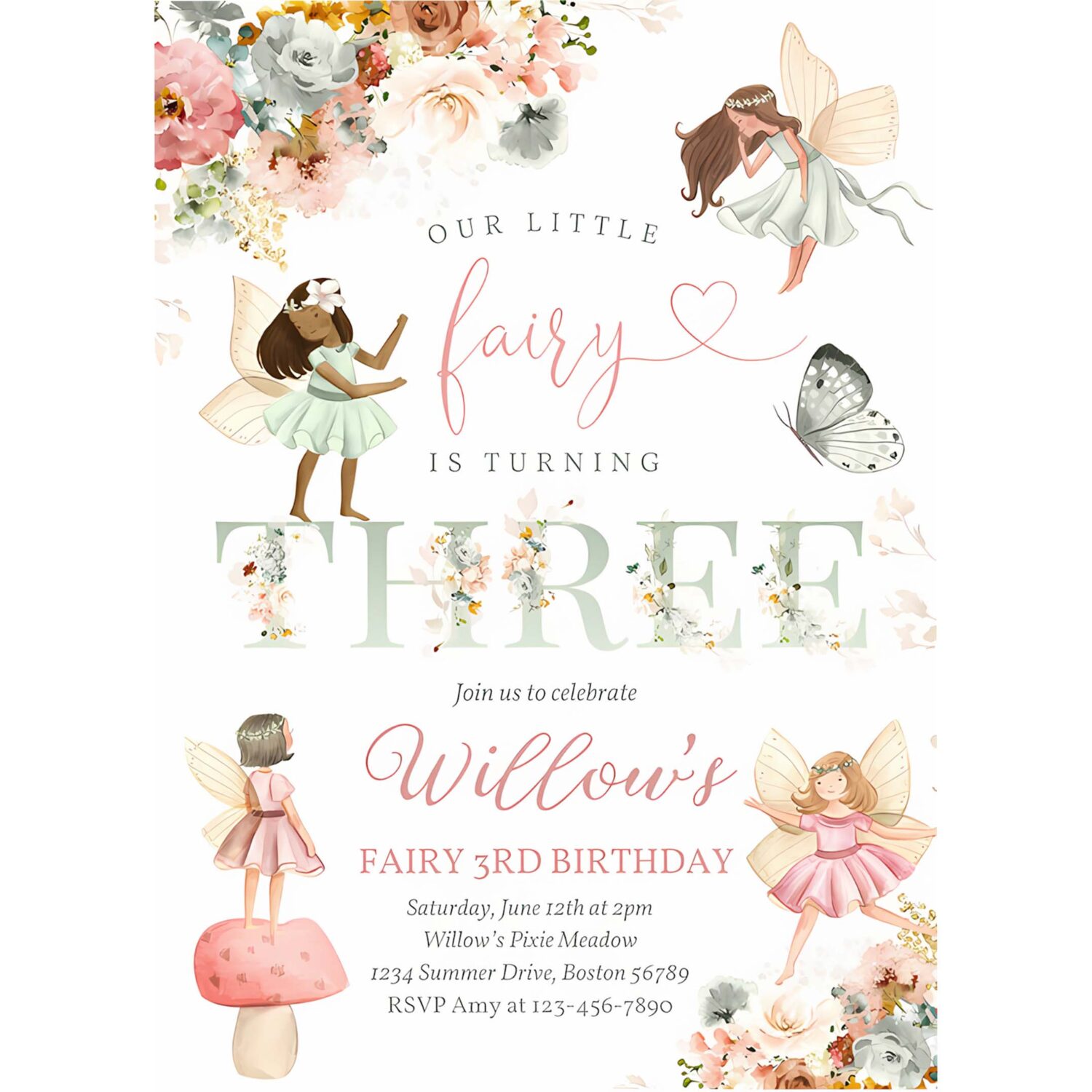 Editable fairy birthday invitation whimsical wildflower fairy 3rd birthday magical floral fairy garden birthday instant download editable wf 4
