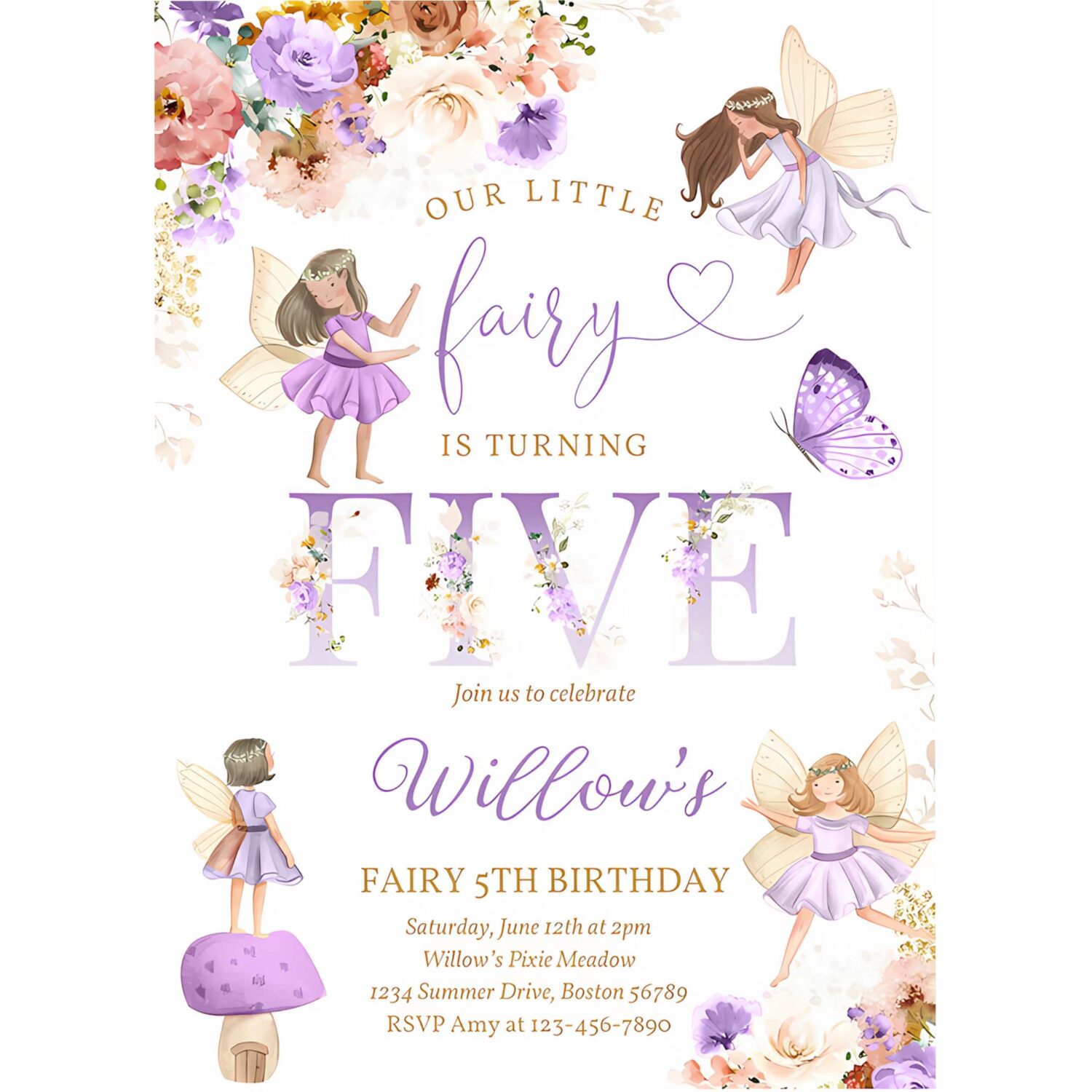 Editable fairy birthday invitation whimsical wildflower fairy 5th birthday magical floral fairy garden birthday instant download editable wf 4