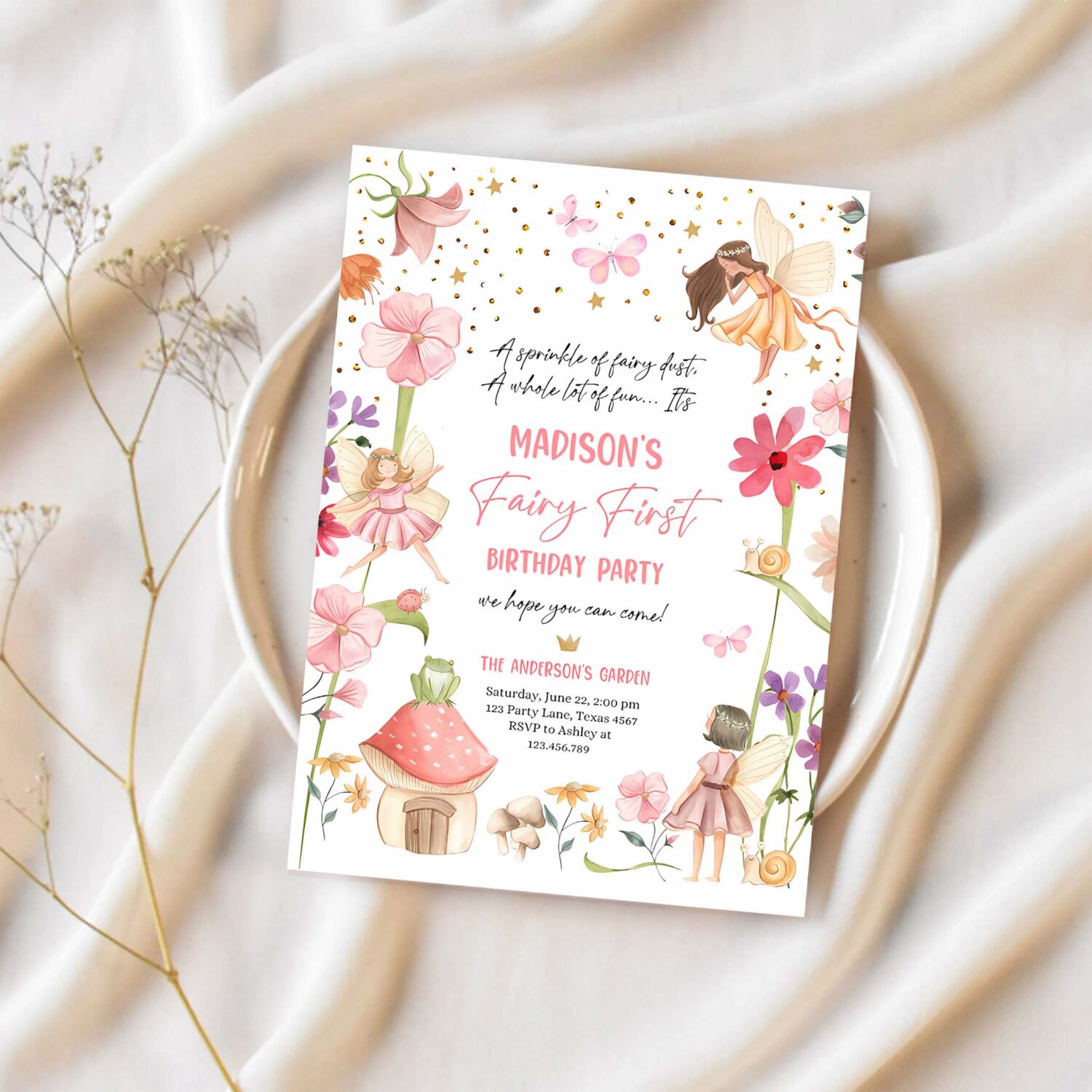 Editable fairy first birthday invitation fairy garden birthday fairy forest girl 1st birthday magical download printable template corjl 0406 1