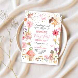 Editable fairy first birthday invitation fairy garden birthday fairy forest girl 1st birthday magical download printable template corjl 0406 1